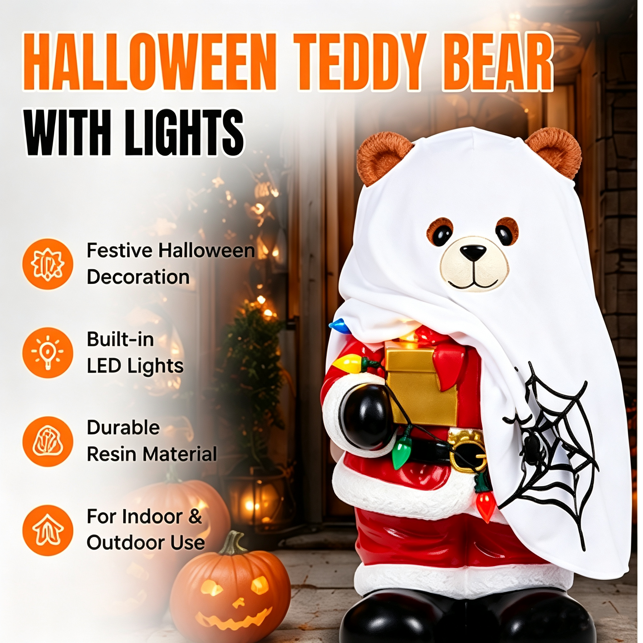 2-in-1 Holiday Bear Greeter standing 60cm tall in Santa suit with LED lights