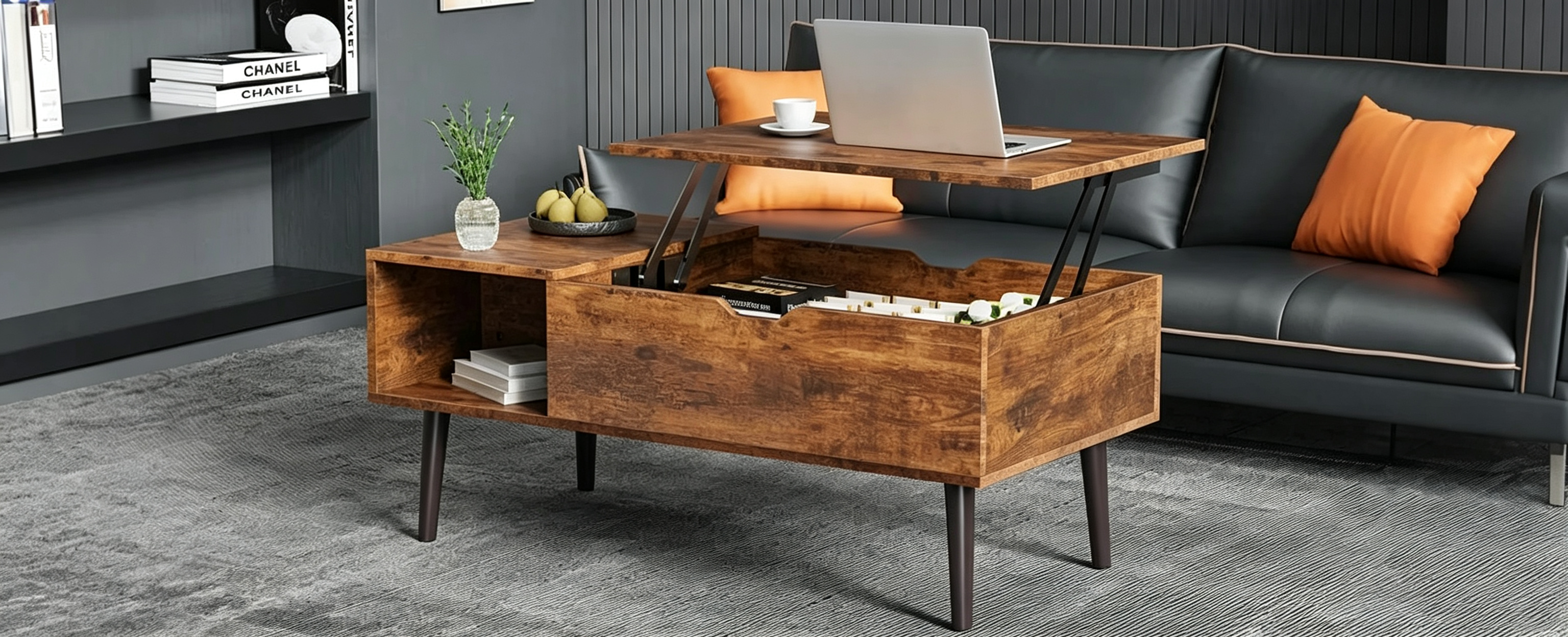 Fluted lift top coffee table in modern living room