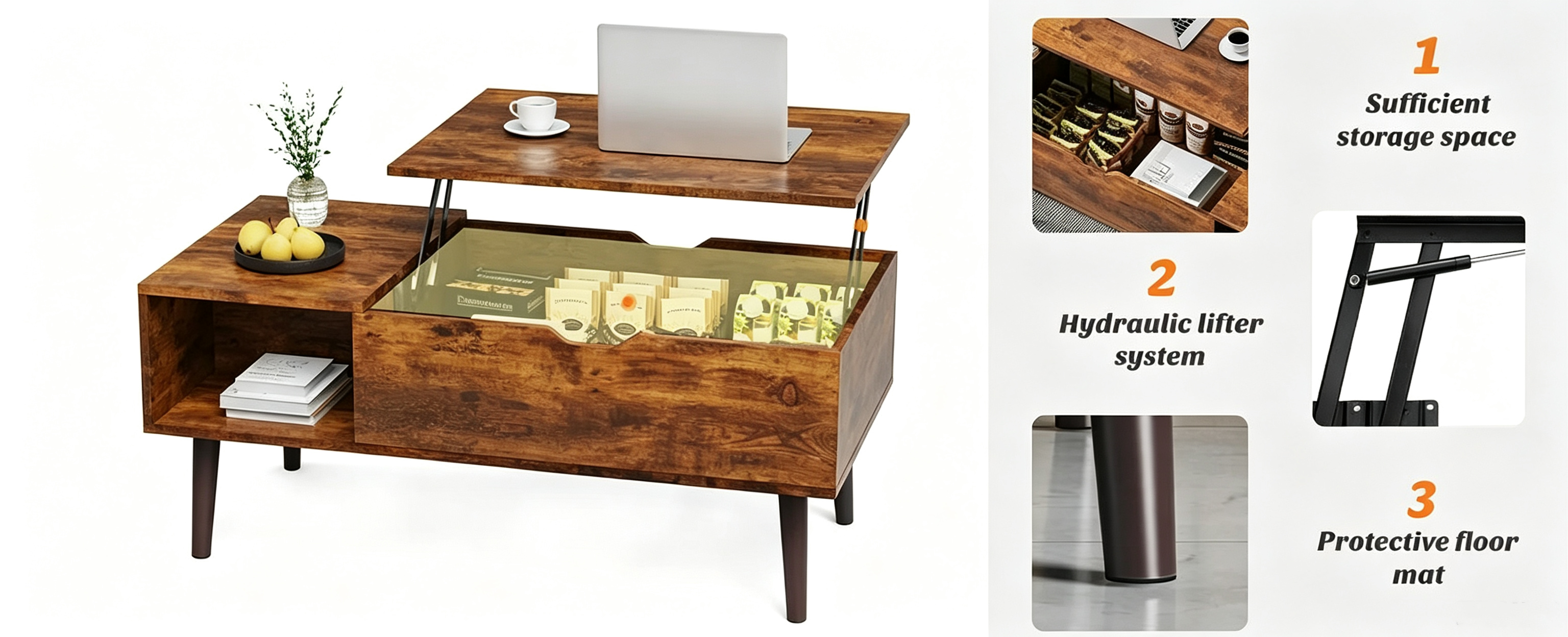 Lift top coffee table raised to working height