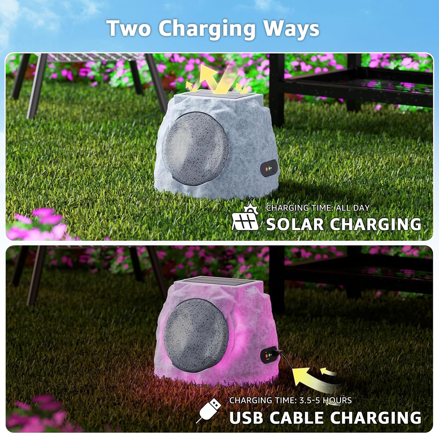 2-Pack Rock Speakers Outdoor Water-Resistant IP44, Multi-Sync Up to 100 Speakers, Solar-Powered Rock Speaker with Light for Patio Garden Party Pool Deck Yard Outside