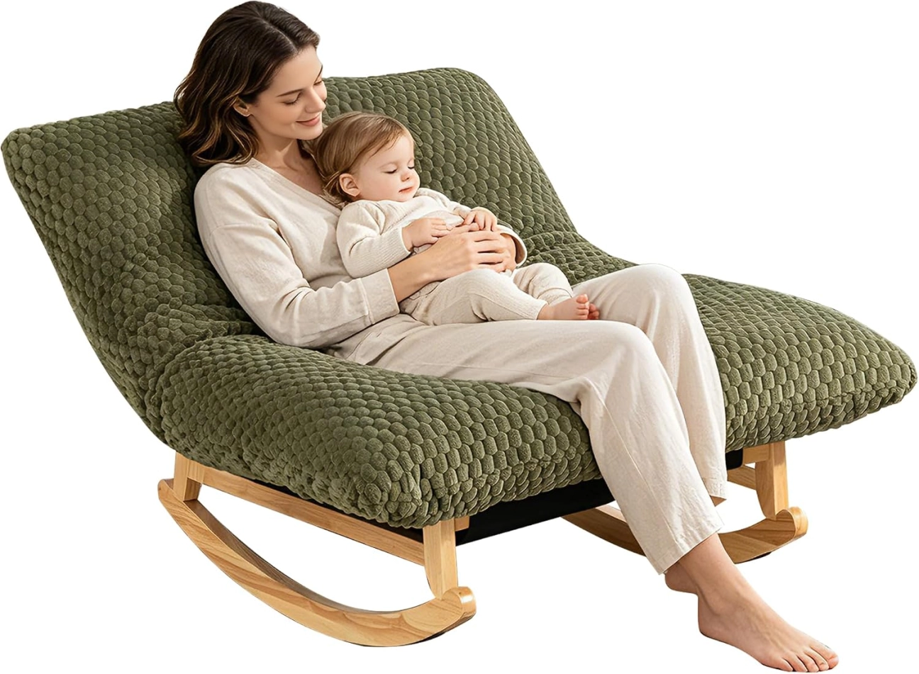 Bean Bag Rocking Chair for Adults with Solid Wood Frame and Backrest – Accent Chair with Corduroy Cushion, Oversized Single Seats Rocking Chair for Living Room, Bedroom – Comfortable Lounge Chair