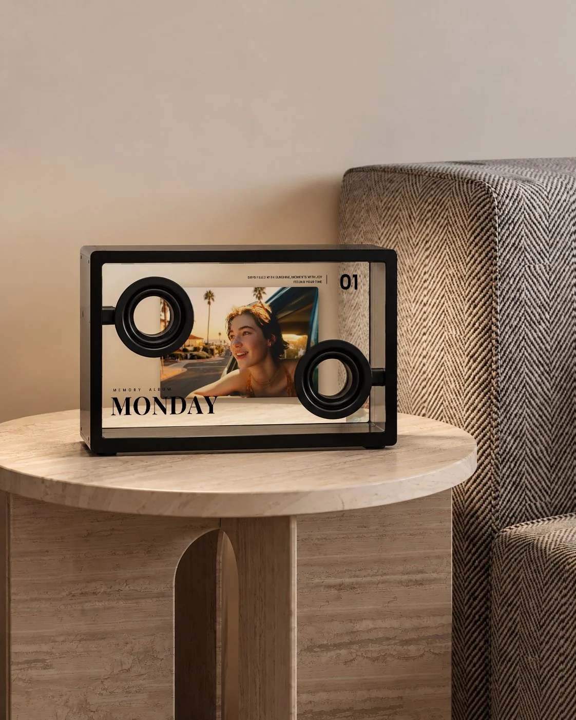 Transparent glass lyric speaker on desk setup with ambient room lighting