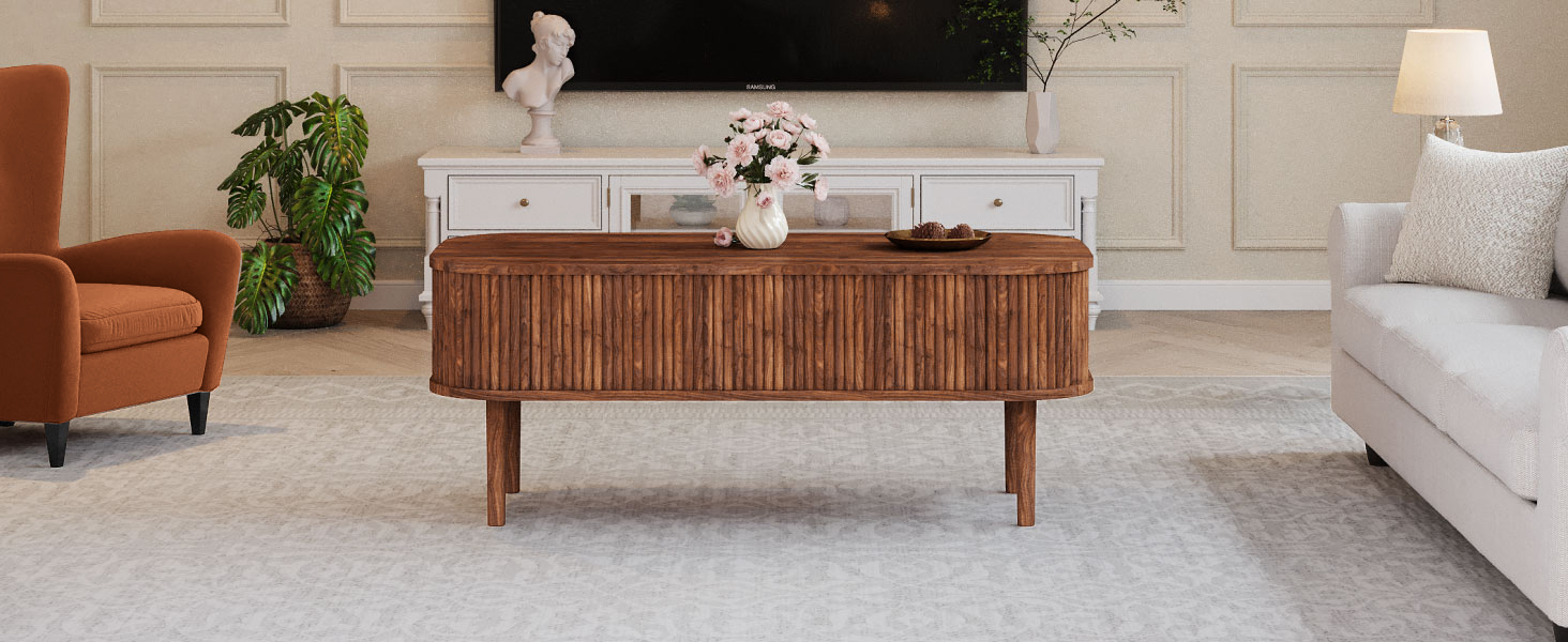 Fluted lift top coffee table with hidden compartment in modern living room