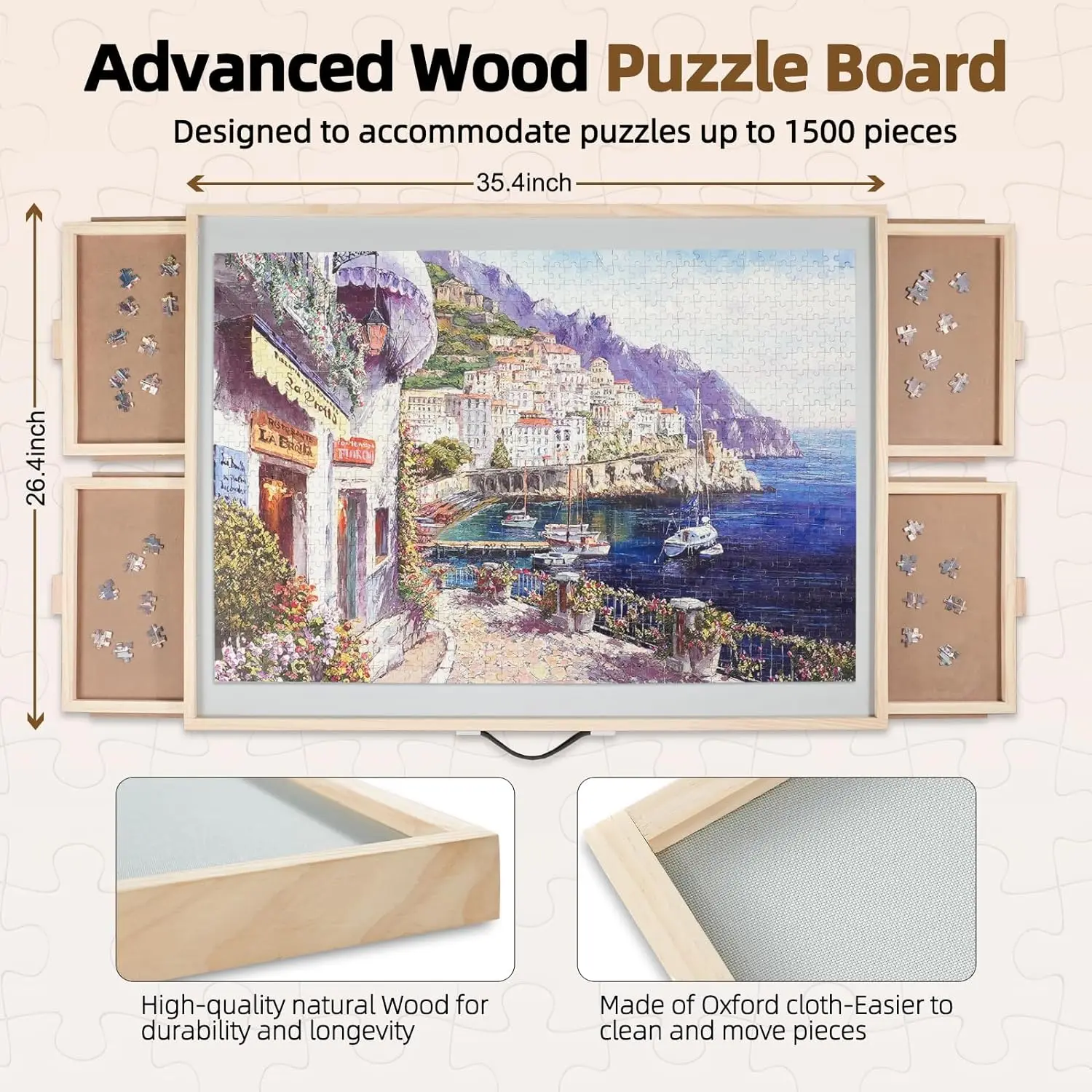 2-in-1 Natural Wood Puzzle Board with Lazy Susan & Drawers for Adults
