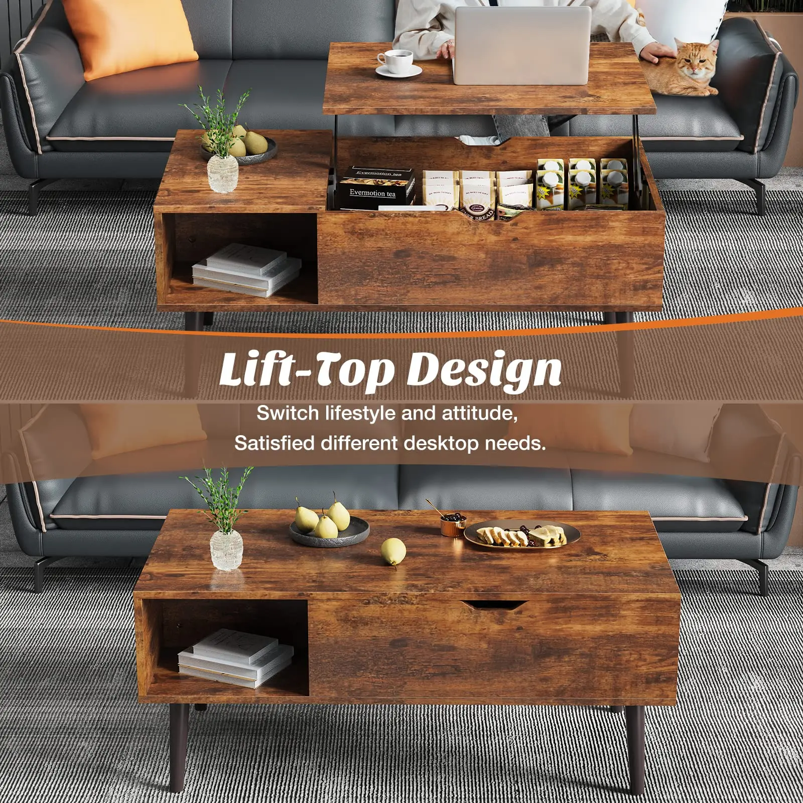 Wooden Fluted Lift Top Coffee Table with Hidden Storage - Modern Adjustable Height