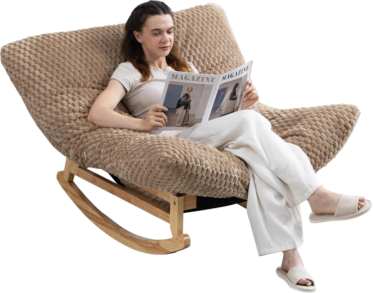 Bean Bag Rocking Chair for Adults with Solid Wood Frame and Backrest – Accent Chair with Corduroy Cushion, Oversized Single Seats Rocking Chair for Living Room, Bedroom – Comfortable Lounge Chair