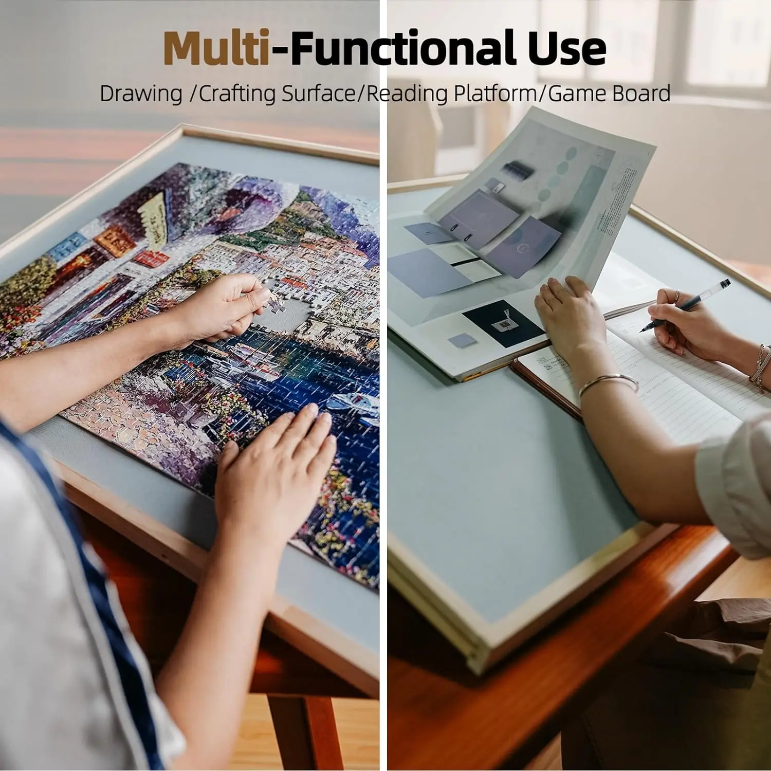 2-in-1 Natural Wood Puzzle Board with Lazy Susan & Drawers for Adults