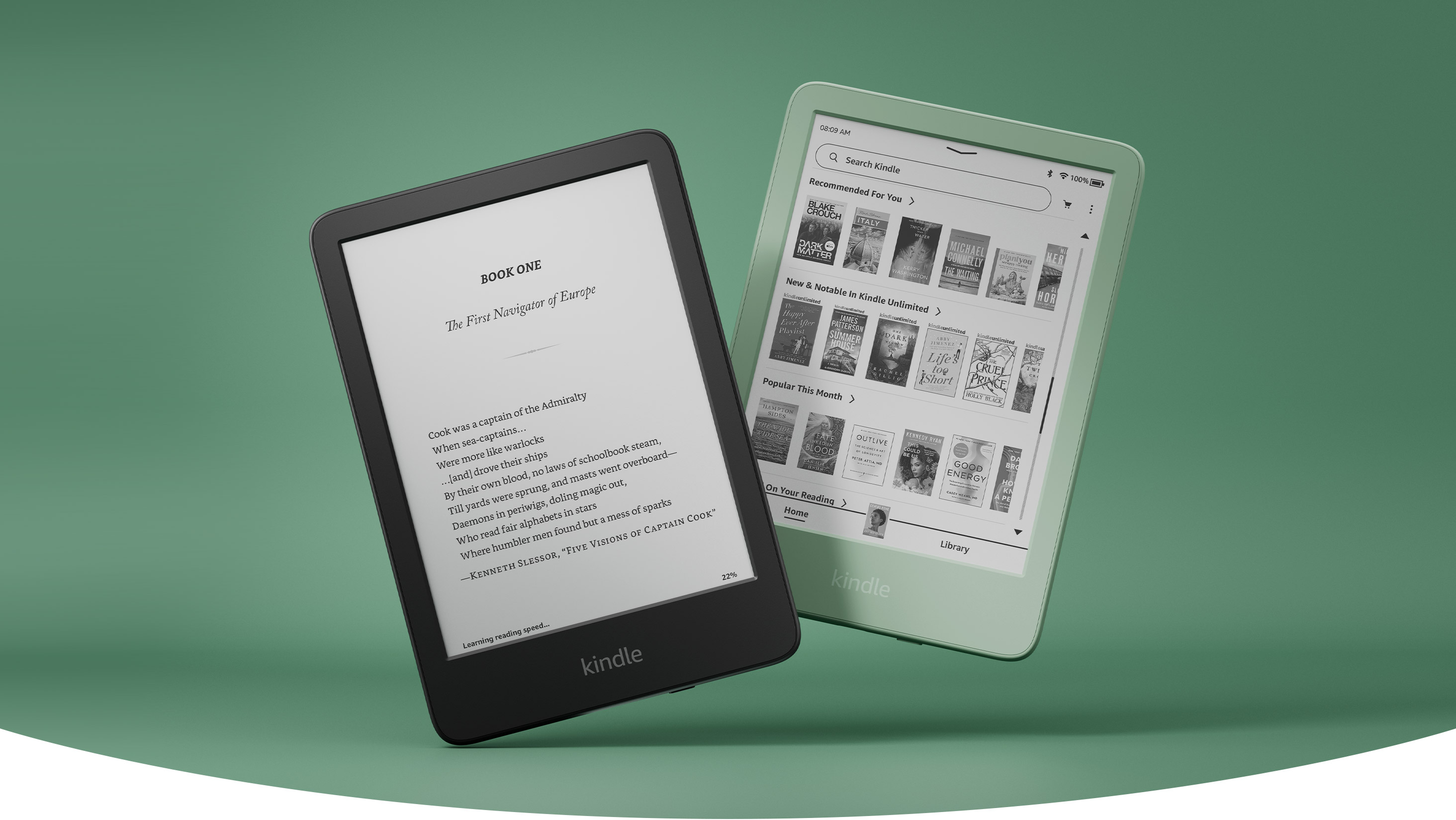 Black and Matcha Kindle e-readers on a green background
