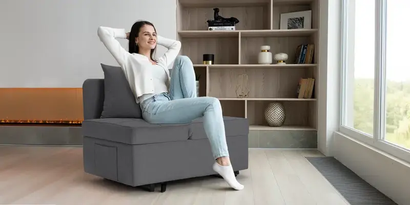 EROMMY convertible futon placed beside window in minimalist bedroom corner