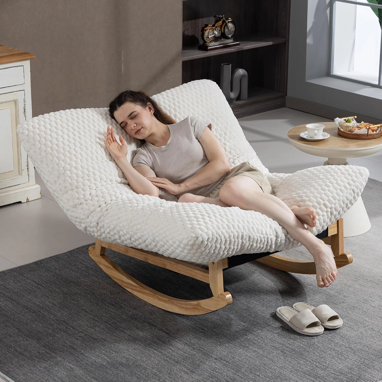Bean Bag Rocking Chair for Adults with Solid Wood Frame and Backrest – Accent Chair with Corduroy Cushion, Oversized Single Seats Rocking Chair for Living Room, Bedroom – Comfortable Lounge Chair