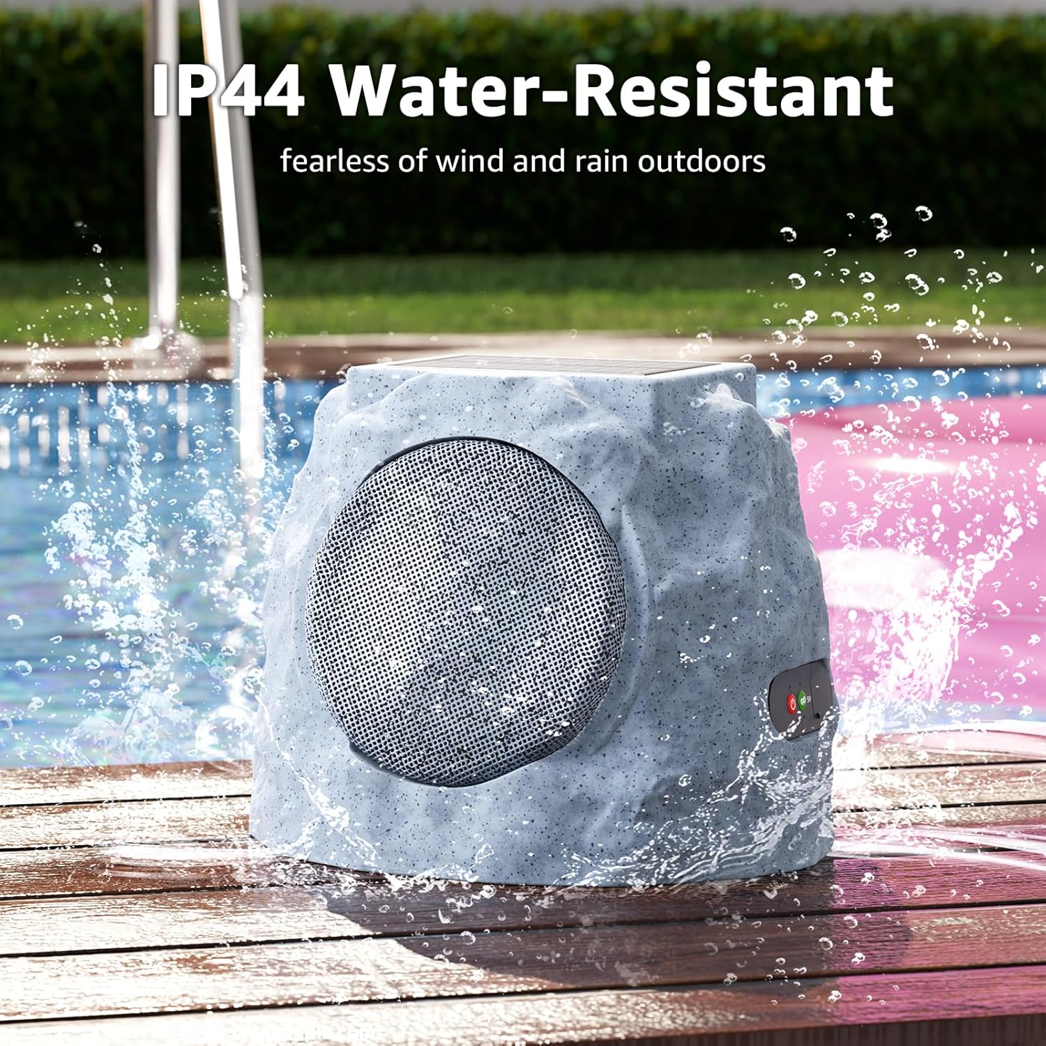 2-Pack Rock Speakers Outdoor Water-Resistant IP44, Multi-Sync Up to 100 Speakers, Solar-Powered Rock Speaker with Light for Patio Garden Party Pool Deck Yard Outside