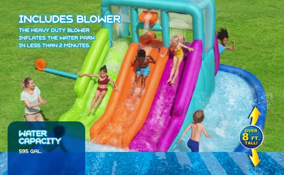 Heavy-duty blower inflates the water park in under 2 minutes, with 595 gallon water capacity and over 8 feet height