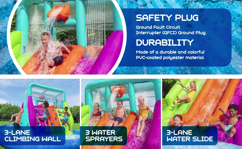 GFCI safety plug, durable PVC-coated polyester material, 3-lane climbing wall, 3 water sprayers, and 3-lane water slide