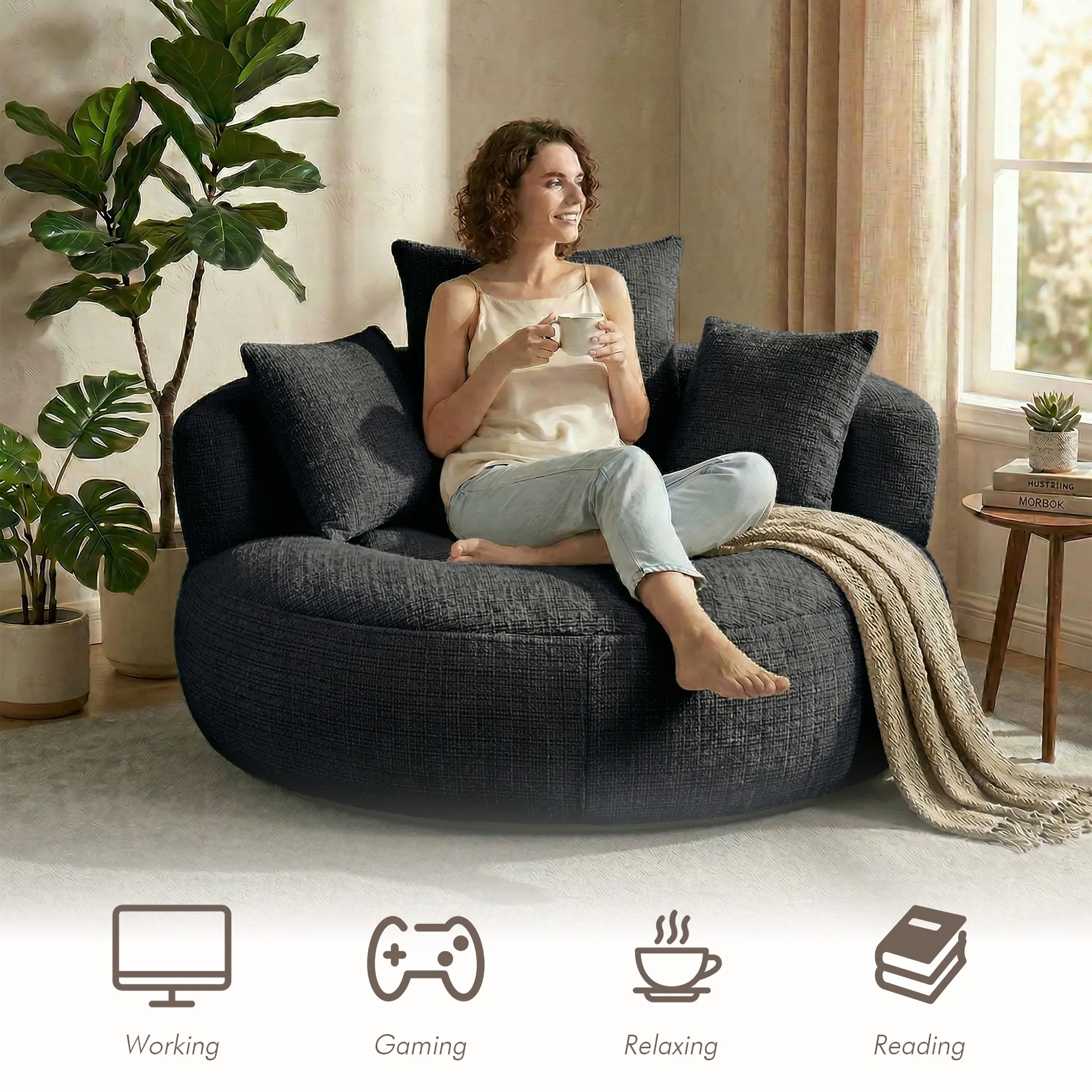 Oversized Chenille Bean Bag Chair 300LBS Support with 3 Pillows