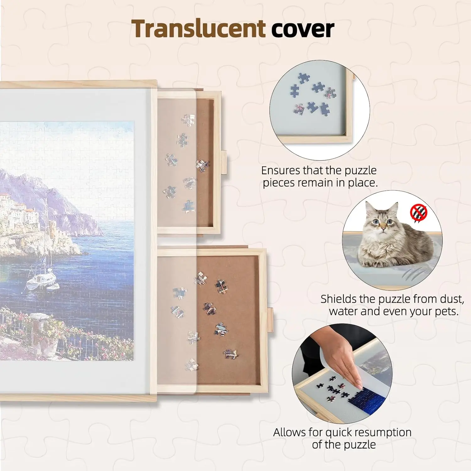 2-in-1 Natural Wood Puzzle Board with Lazy Susan & Drawers for Adults