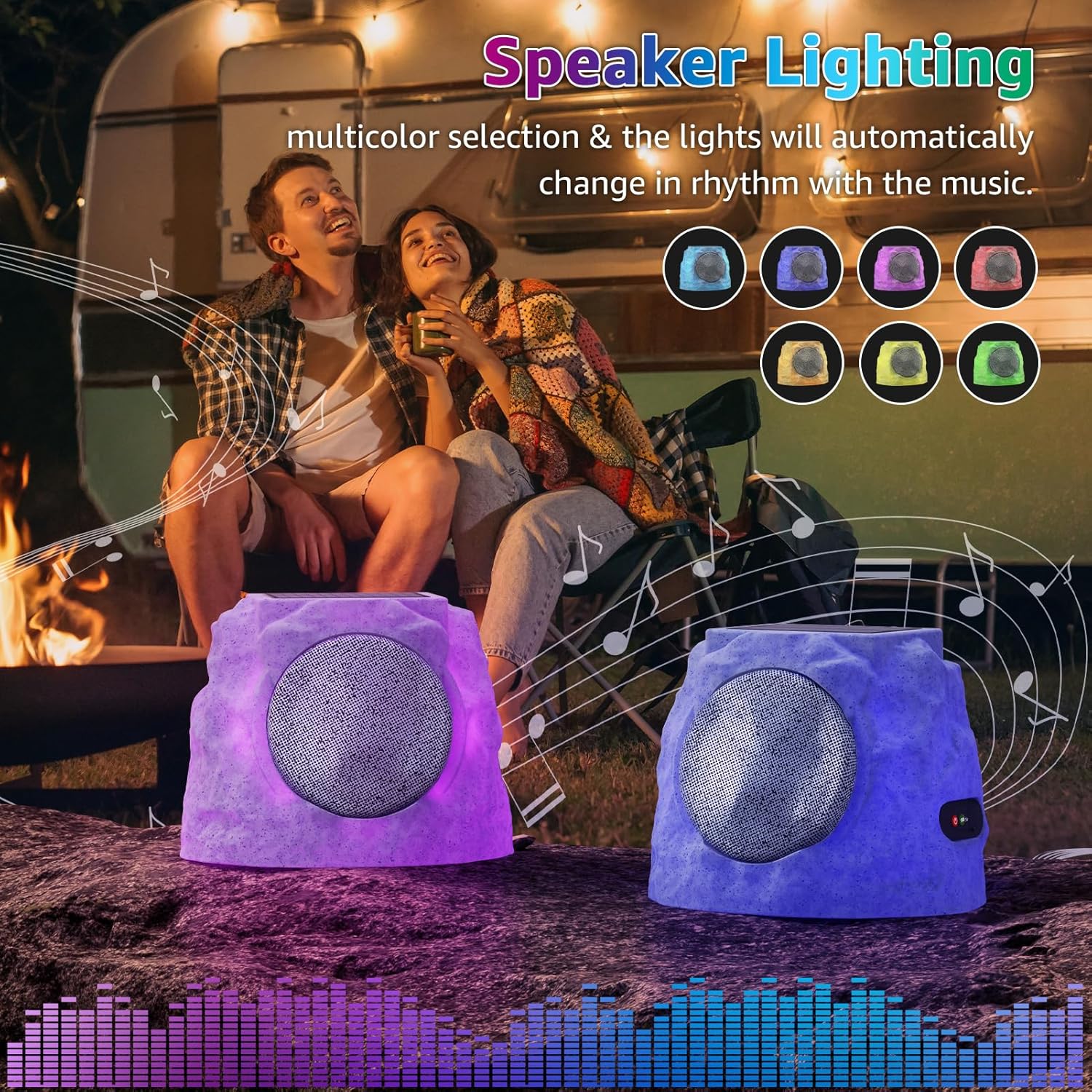 2-Pack Rock Speakers Outdoor Water-Resistant IP44, Multi-Sync Up to 100 Speakers, Solar-Powered Rock Speaker with Light for Patio Garden Party Pool Deck Yard Outside