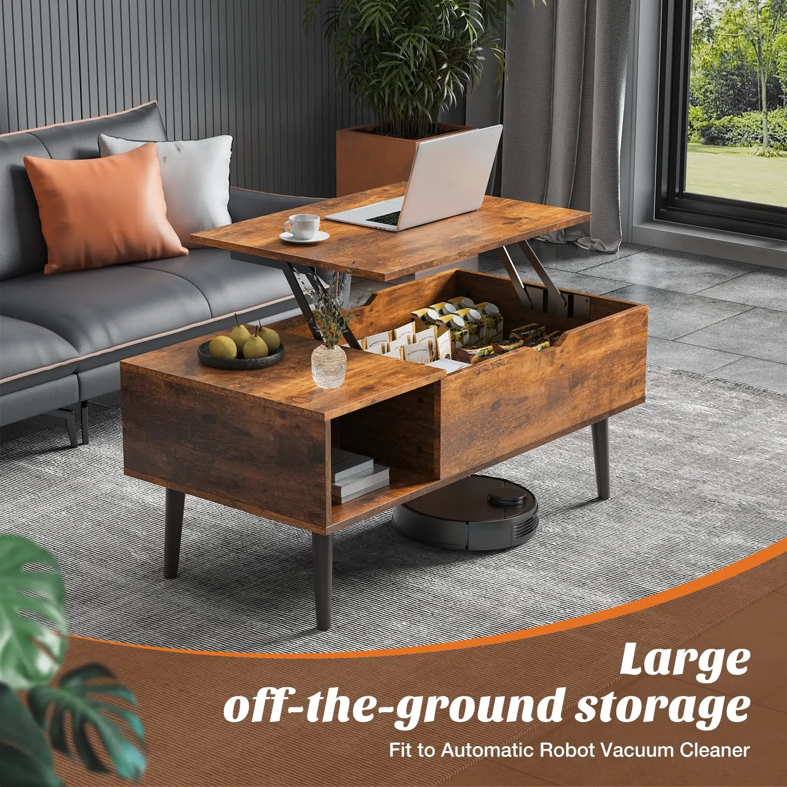 Wooden Fluted Lift Top Coffee Table with Hidden Storage - Modern Adjustable Height