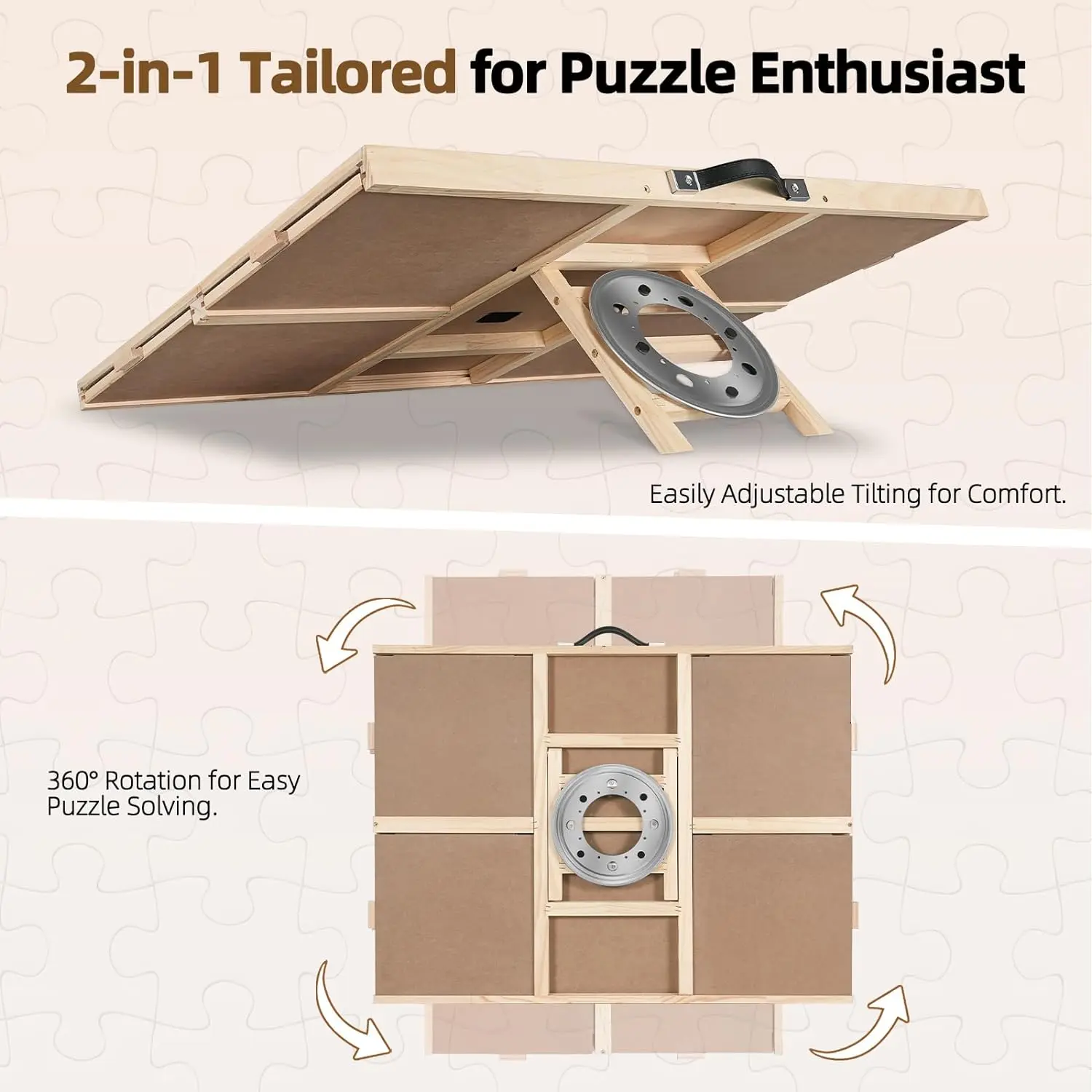 2-in-1 Natural Wood Puzzle Board with Lazy Susan & Drawers for Adults