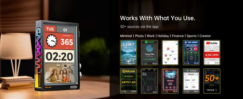 Pixel art on the transparent screen with a colourful light strip along the base