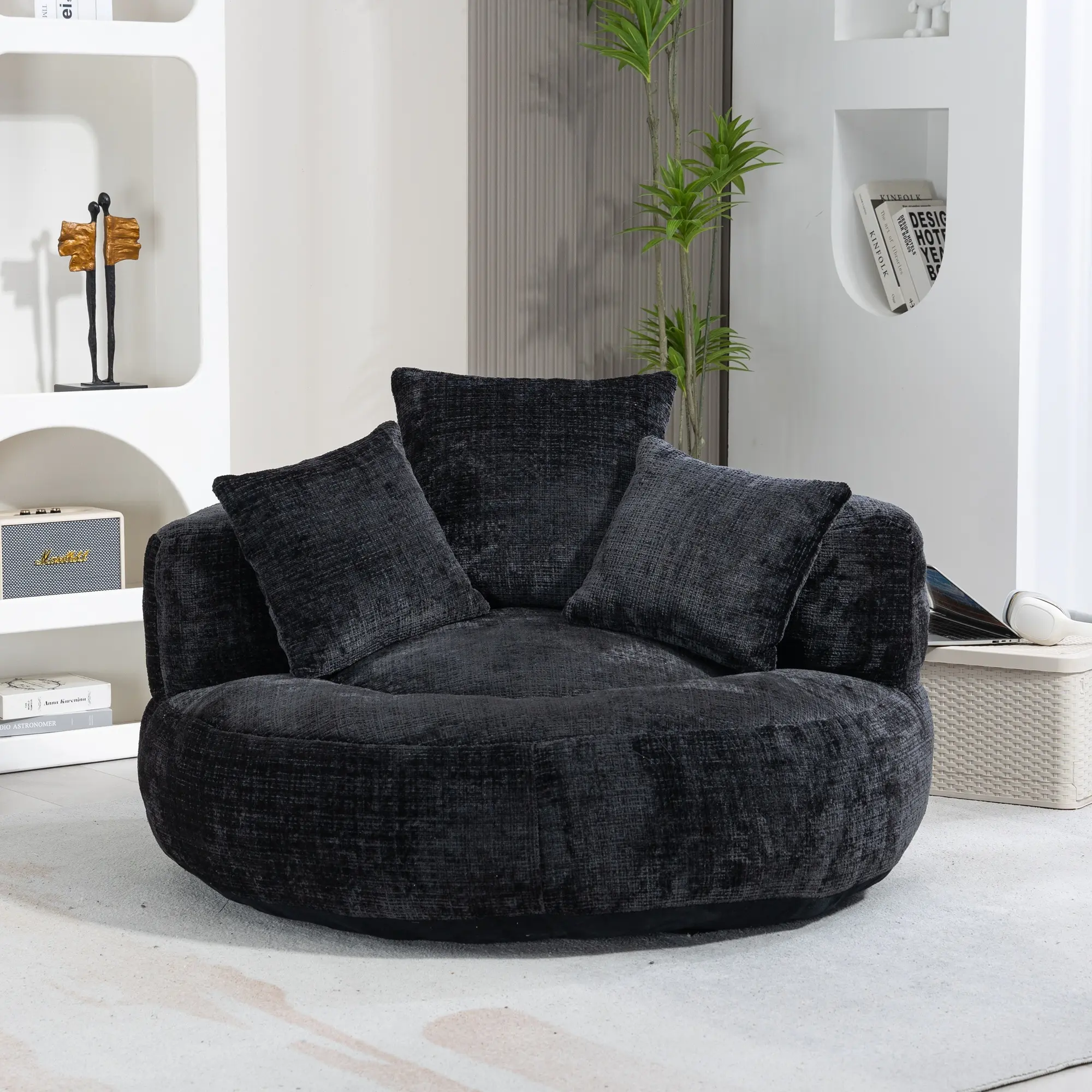 Oversized Chenille Bean Bag Chair 300LBS Support with 3 Pillows