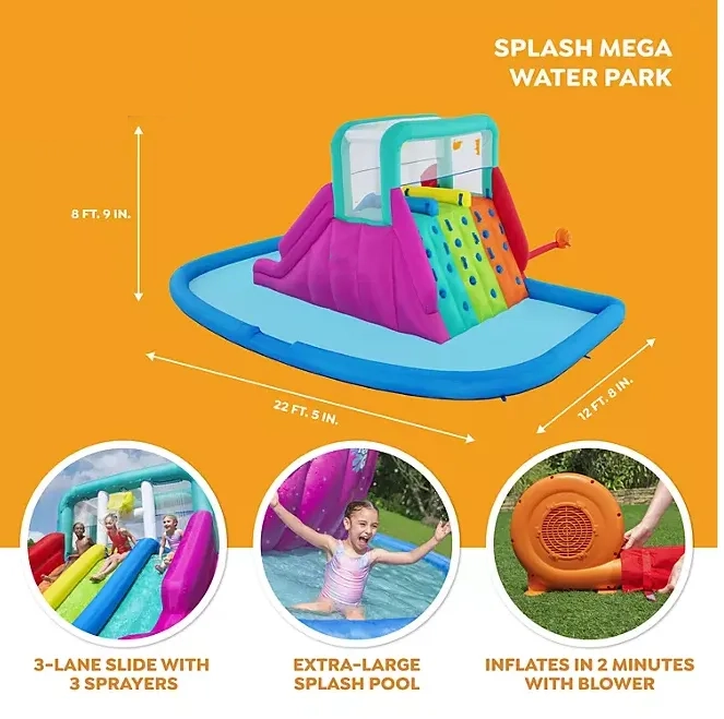 Splash Mega Water Park dimensions: 22ft 5in x 12ft 8in x 8ft 9in, with 3-lane slide, extra-large splash pool, and blower