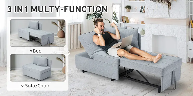 EROMMY futon in upright chair mode, linen fabric, living room setting