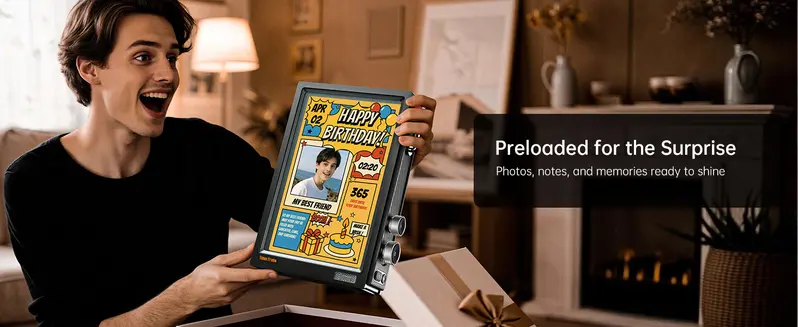 Verified buyer holding the frame showing a birthday pixel art message