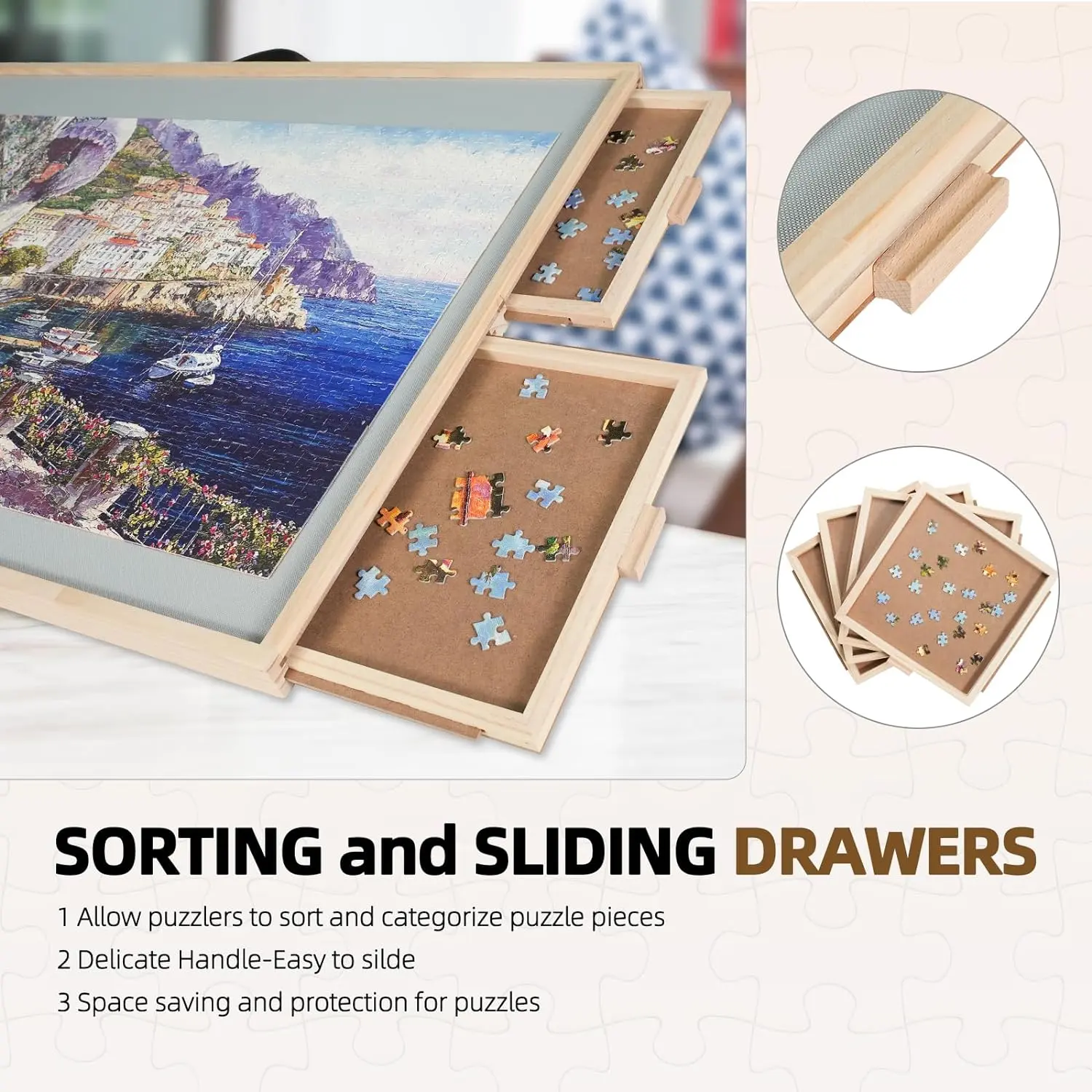 2-in-1 Natural Wood Puzzle Board with Lazy Susan & Drawers for Adults