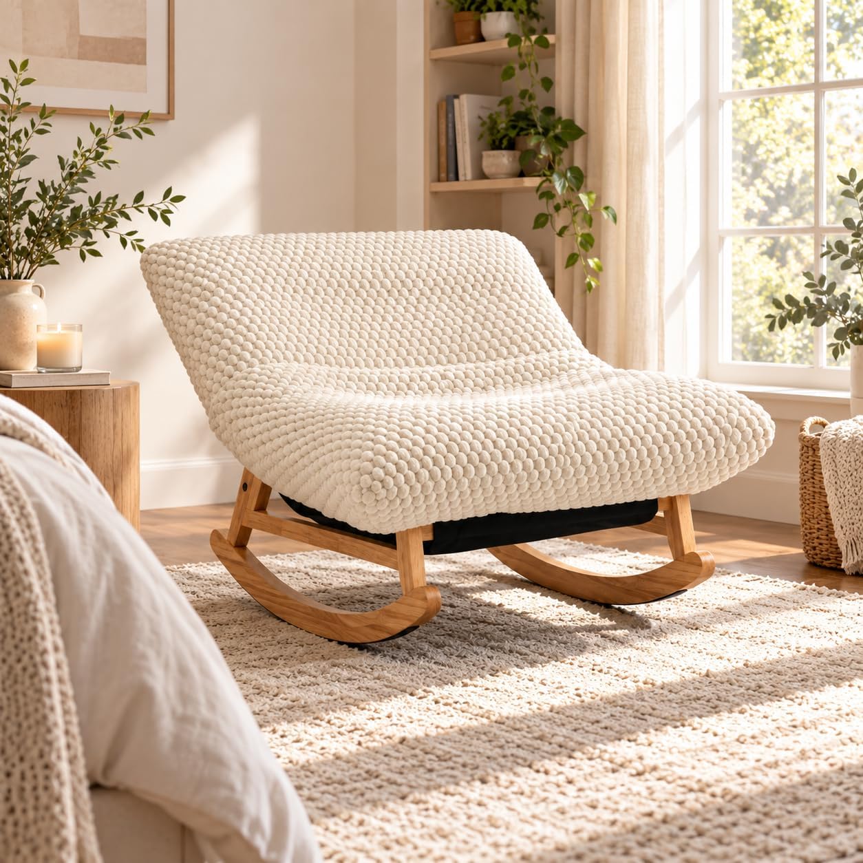 Bean Bag Rocking Chair for Adults with Solid Wood Frame and Backrest – Accent Chair with Corduroy Cushion, Oversized Single Seats Rocking Chair for Living Room, Bedroom – Comfortable Lounge Chair