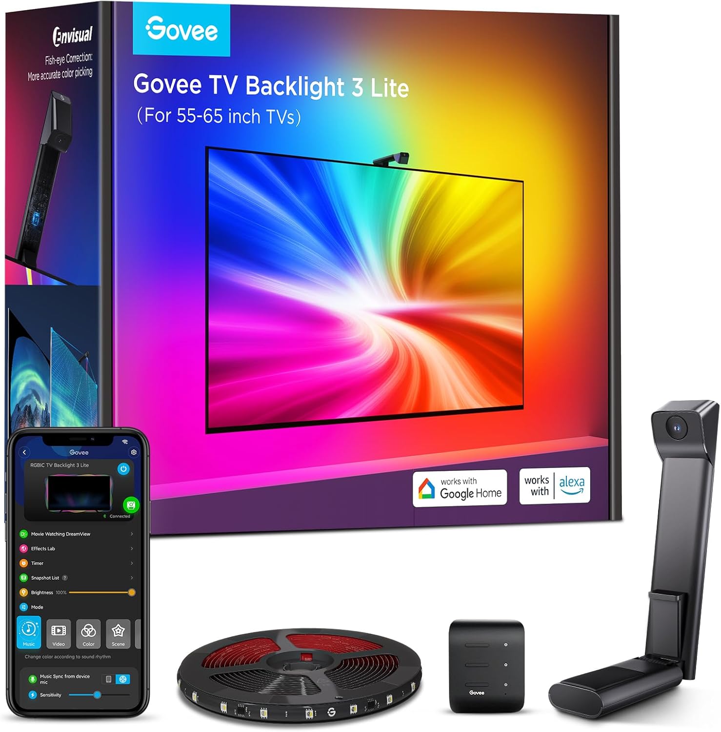 TV Backlight 5m, 3 Lite with Fish-Eye Correction Function Sync to 75-85 Inch TVs, RGBICW Wi-Fi TV LED Backlight with Camera, 4 Colours in 1 Lamp Bead, Voice and APP Control, Adapter