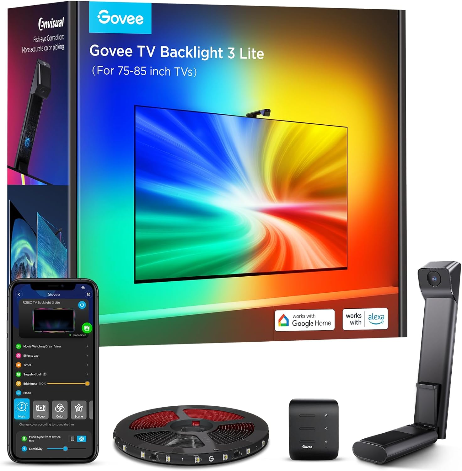 TV Backlight 5m, 3 Lite with Fish-Eye Correction Function Sync to 75-85 Inch TVs, RGBICW Wi-Fi TV LED Backlight with Camera, 4 Colours in 1 Lamp Bead, Voice and APP Control, Adapter