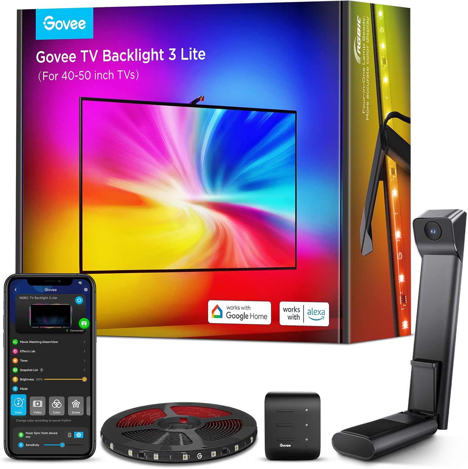 TV Backlight 5m, 3 Lite with Fish-Eye Correction Function Sync to 75-85 Inch TVs, RGBICW Wi-Fi TV LED Backlight with Camera, 4 Colours in 1 Lamp Bead, Voice and APP Control, Adapter
