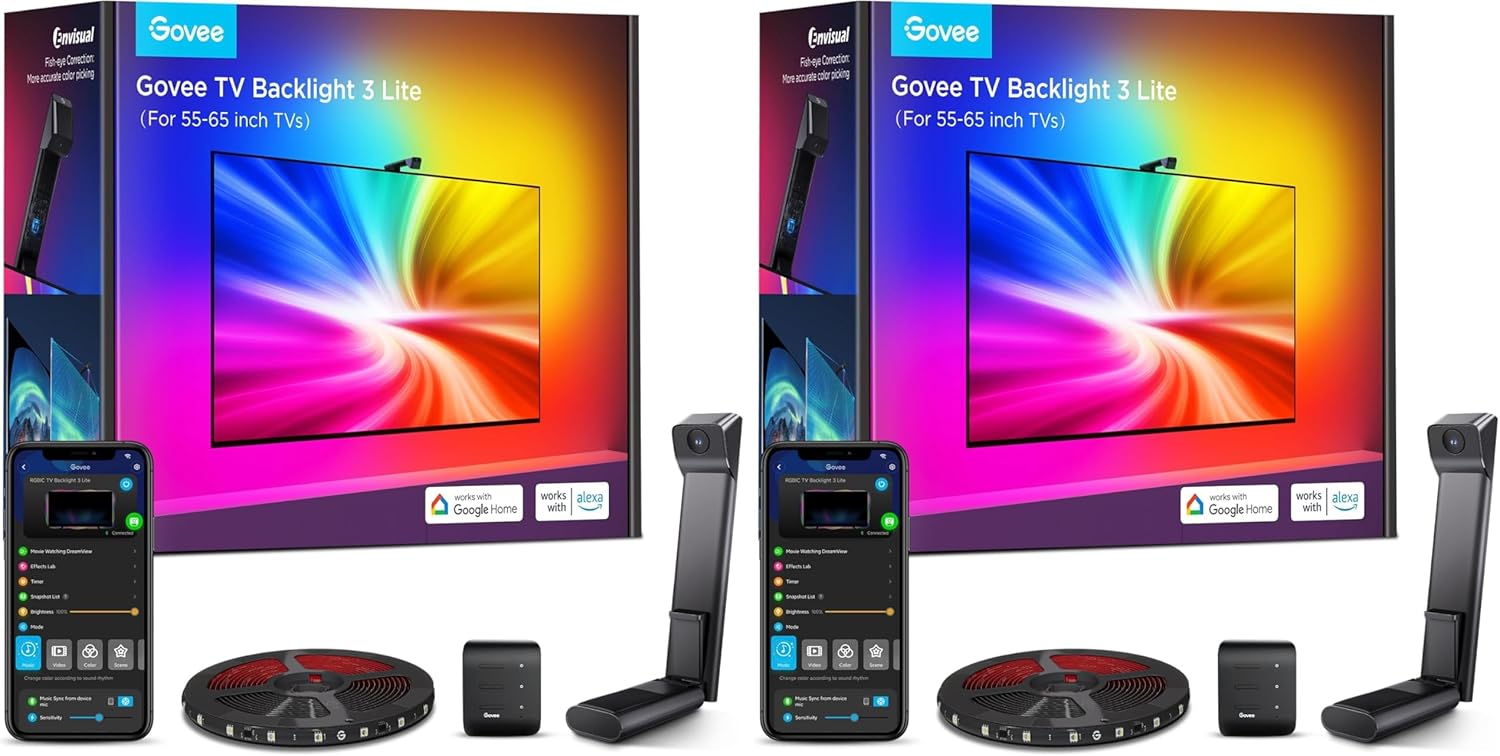 TV Backlight 5m, 3 Lite with Fish-Eye Correction Function Sync to 75-85 Inch TVs, RGBICW Wi-Fi TV LED Backlight with Camera, 4 Colours in 1 Lamp Bead, Voice and APP Control, Adapter