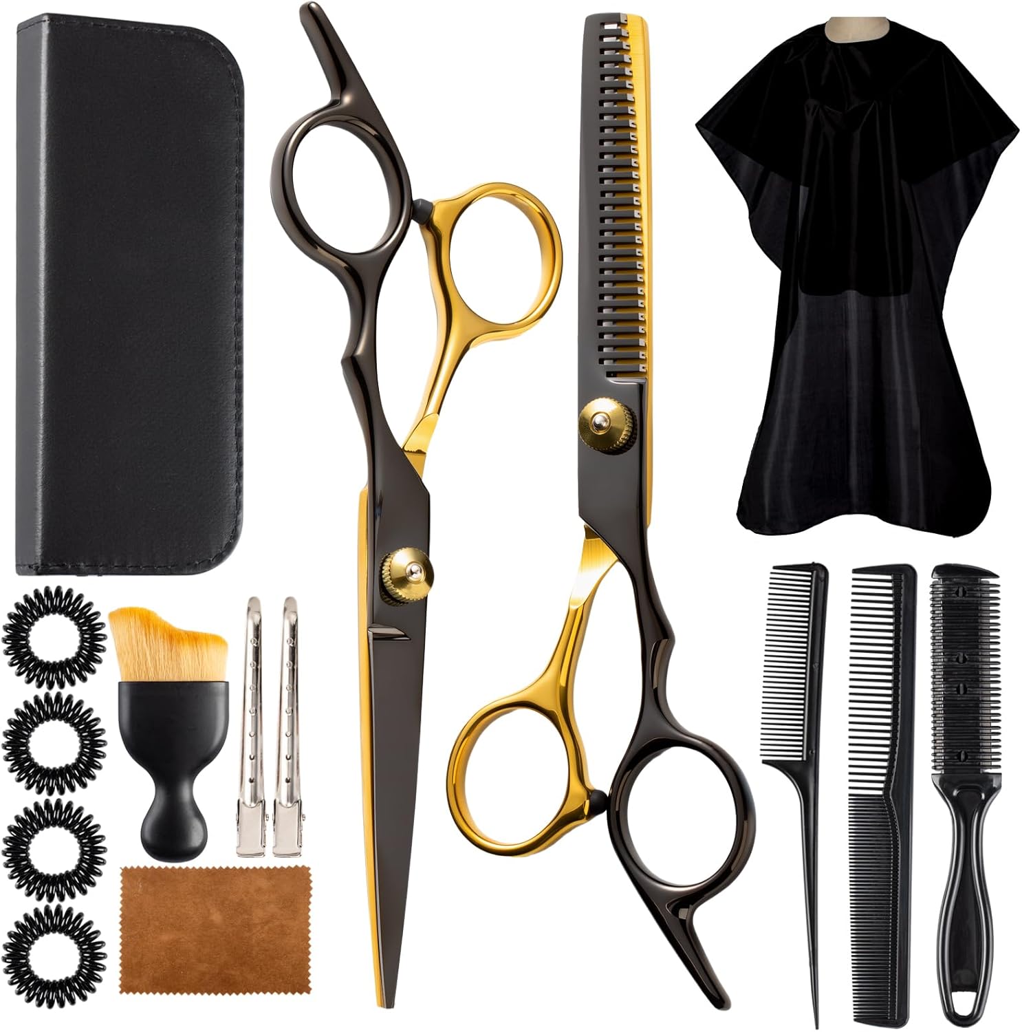 15 pcs Hair Cutting Scissors Professional, Thinning Shears for Hair Cutting, Black Gold Stainless Steel Barber Scissors, Haircut Scissors Hair Cutting Kit for Women, Men