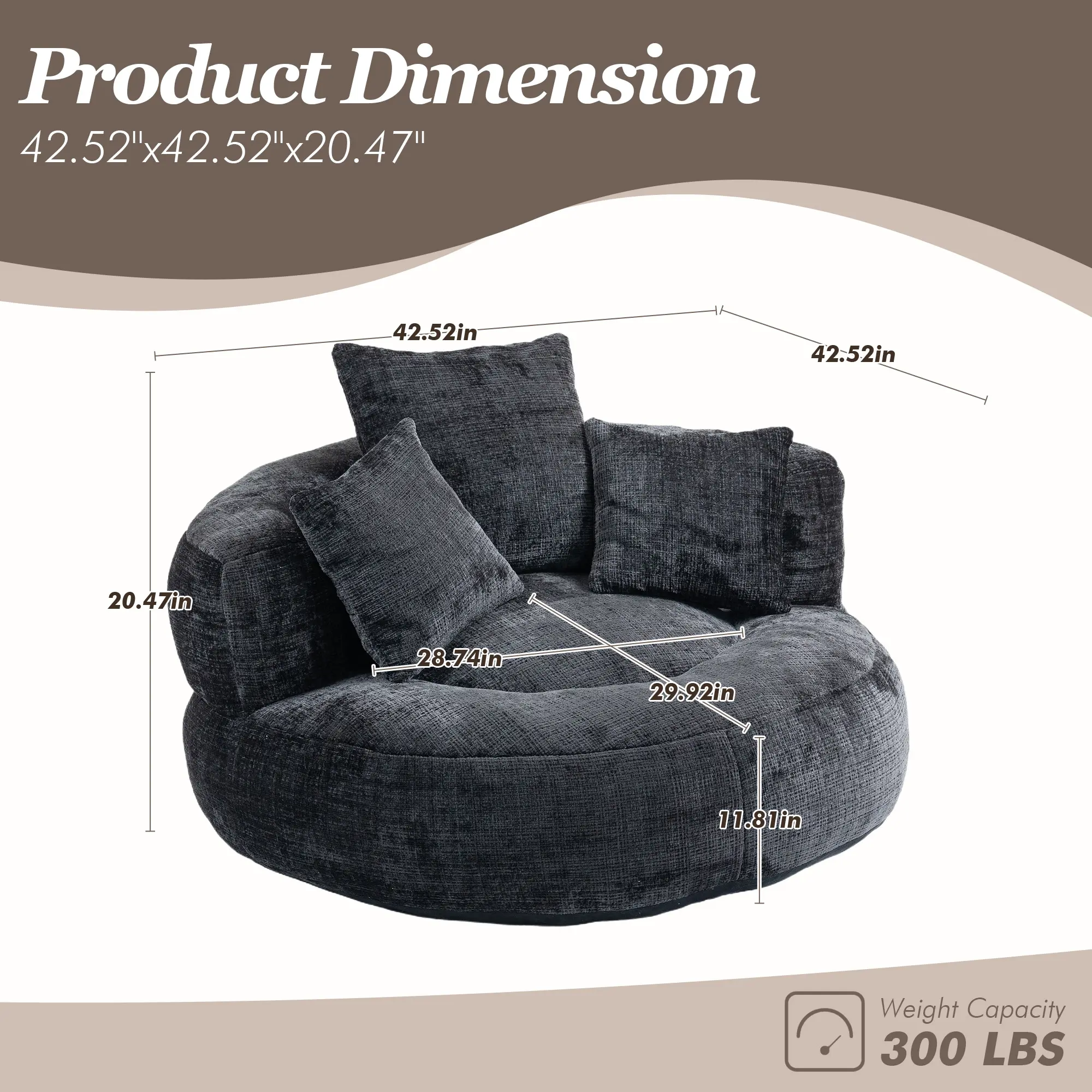 Oversized Chenille Bean Bag Chair 300LBS Support with 3 Pillows