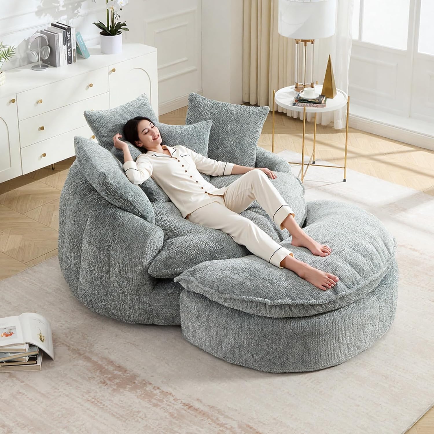 55 inch Oversized Round Chair, Fluffy Chenille Boneless Sofa with Extra Deep Seat
