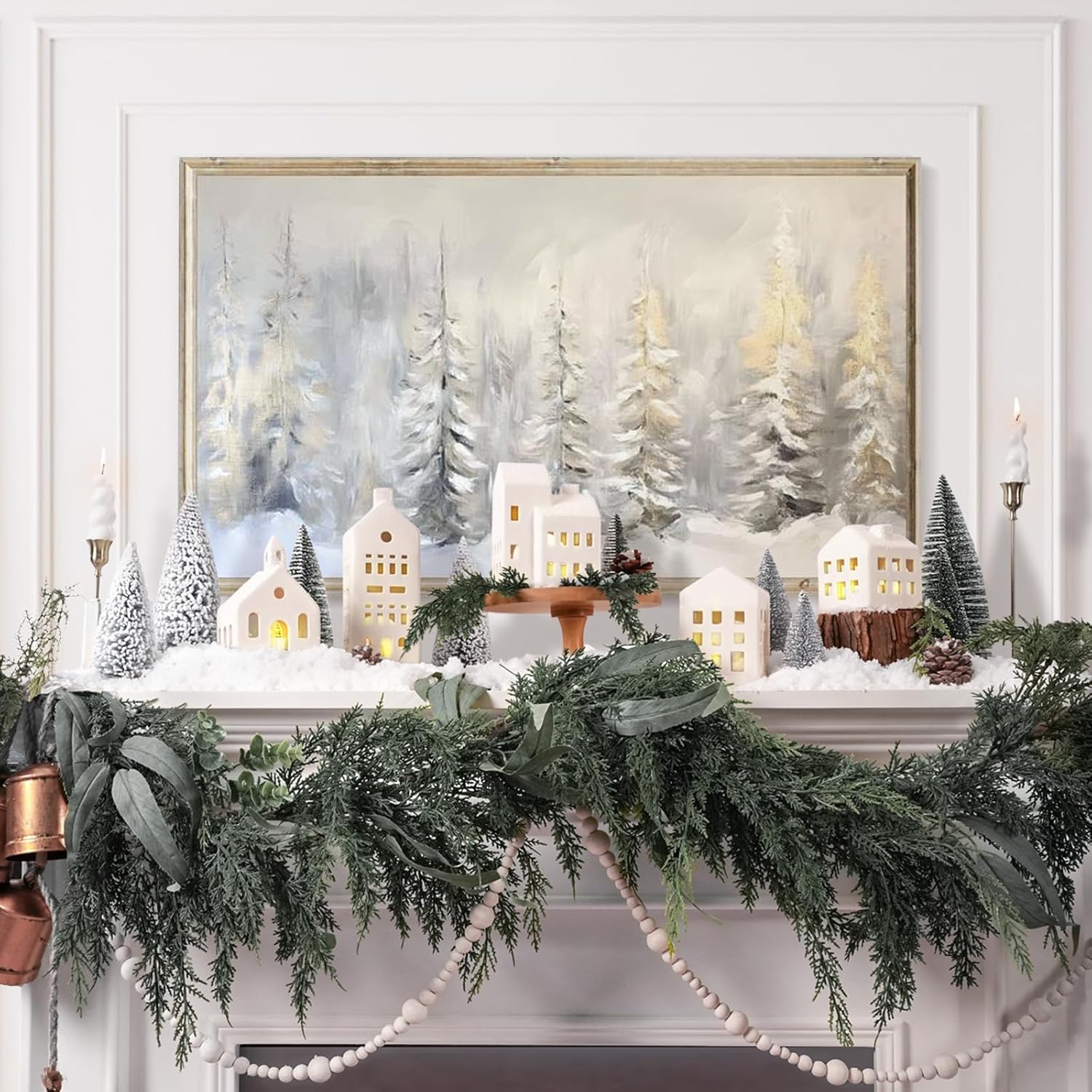Christmas Decorations Indoor - Christmas Village Sets of 5 Ceramic Houses with LED Lights Remote and 9 Trees - Winter Rustic Farmhouse Home Holiday Xmas Decor for Mantel Tabletop Room