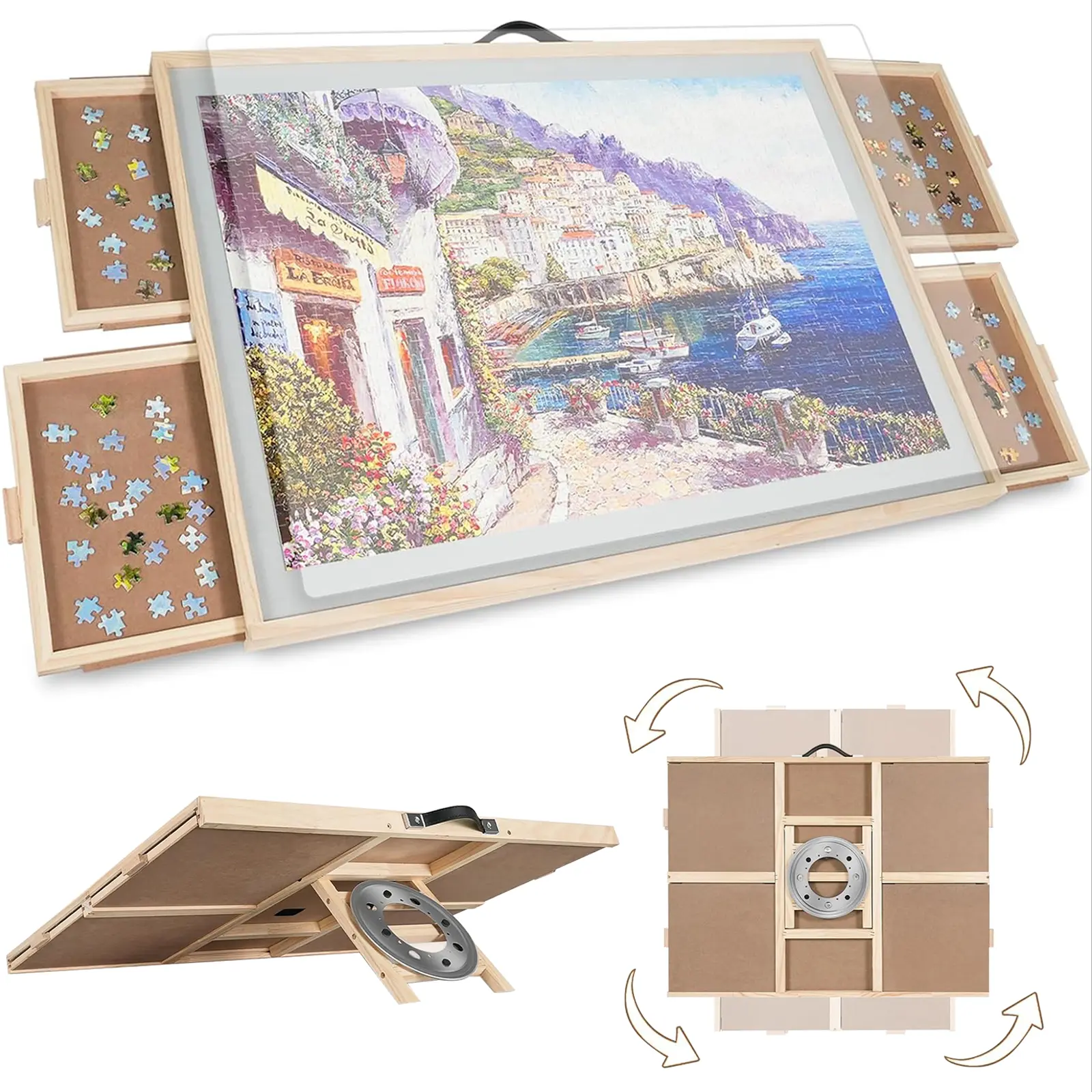 2-in-1 Natural Wood Puzzle Board with Lazy Susan & Drawers for Adults