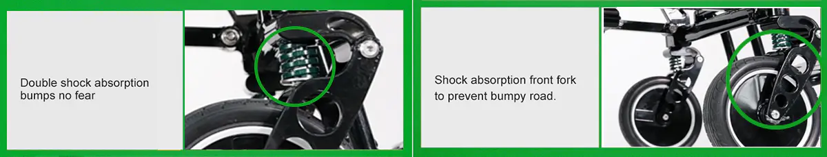 Shock absorption system detail on electric wheelchair