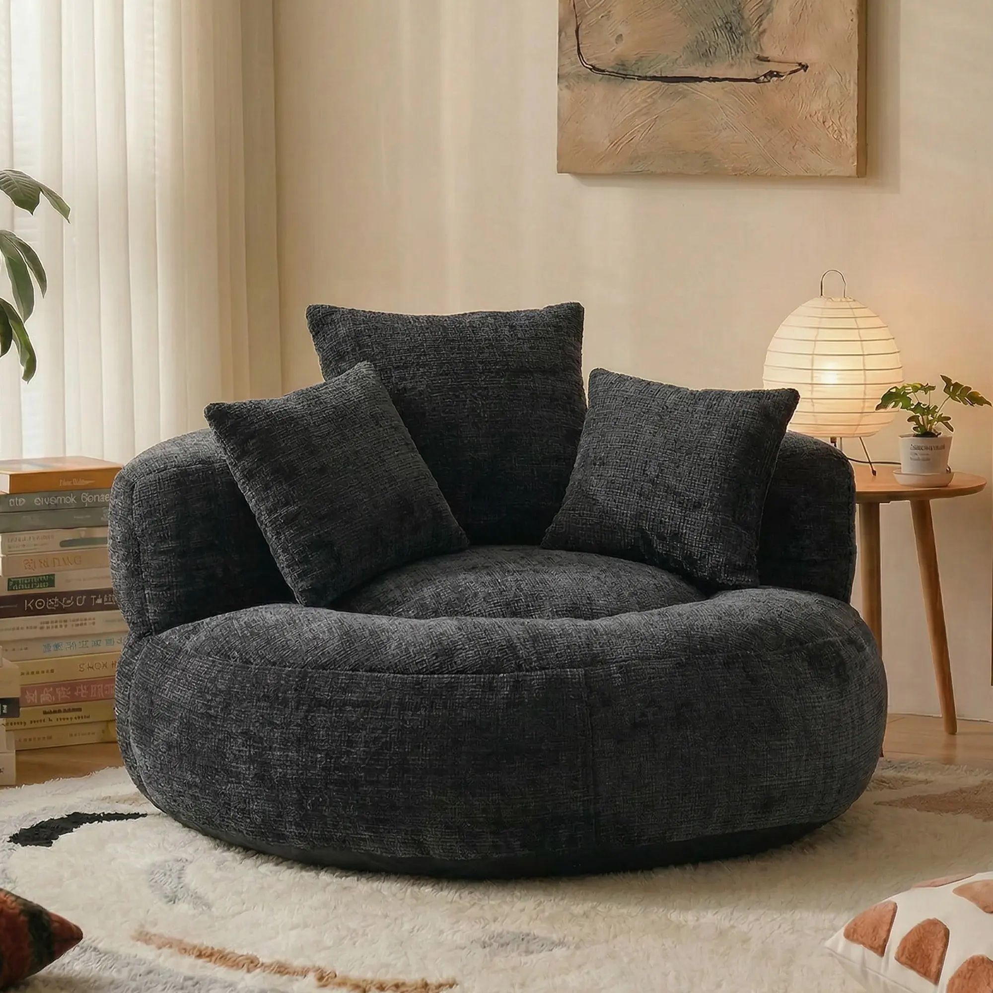 Oversized Chenille Bean Bag Chair 300LBS Support with 3 Pillows