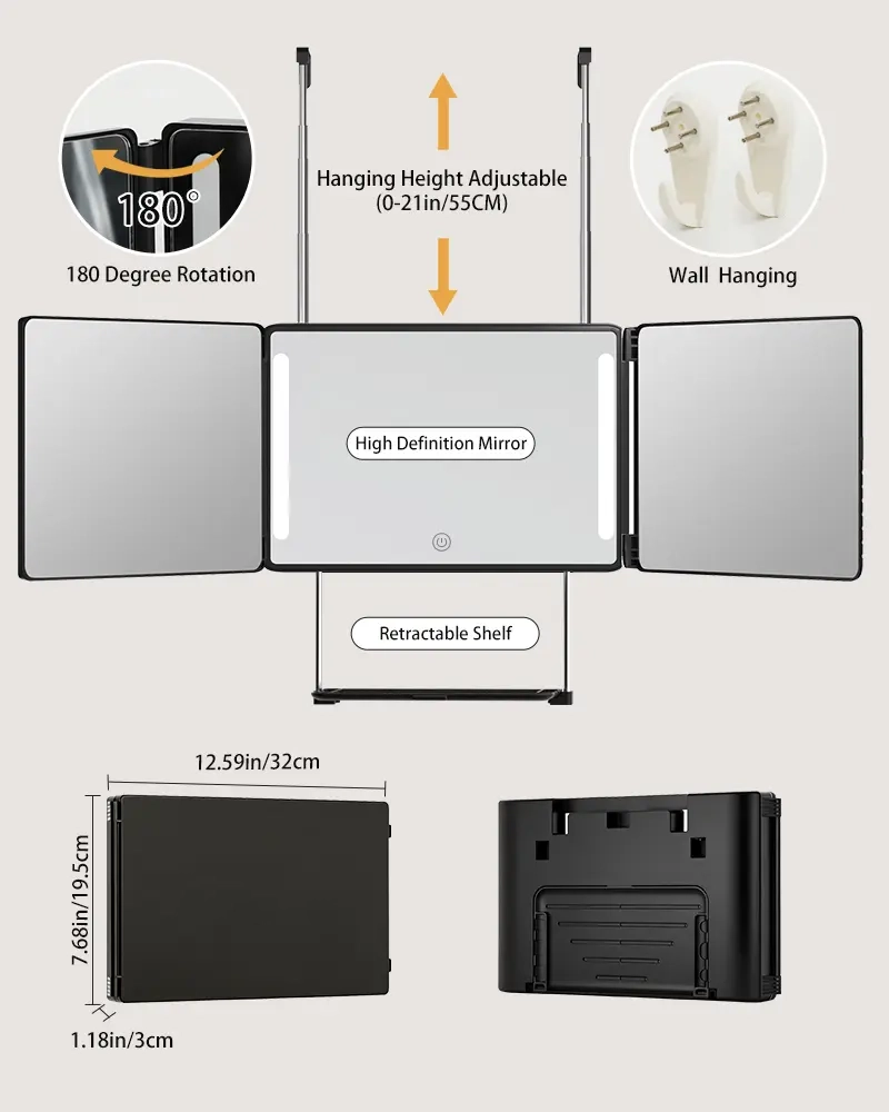 Adjustable LED Light 3 Way Mirror, Portable Trifold Mirror for Shaving, Grooming, Hair Styling, Dye Hair, Makeup, Braiding, 360 Degree Mirror