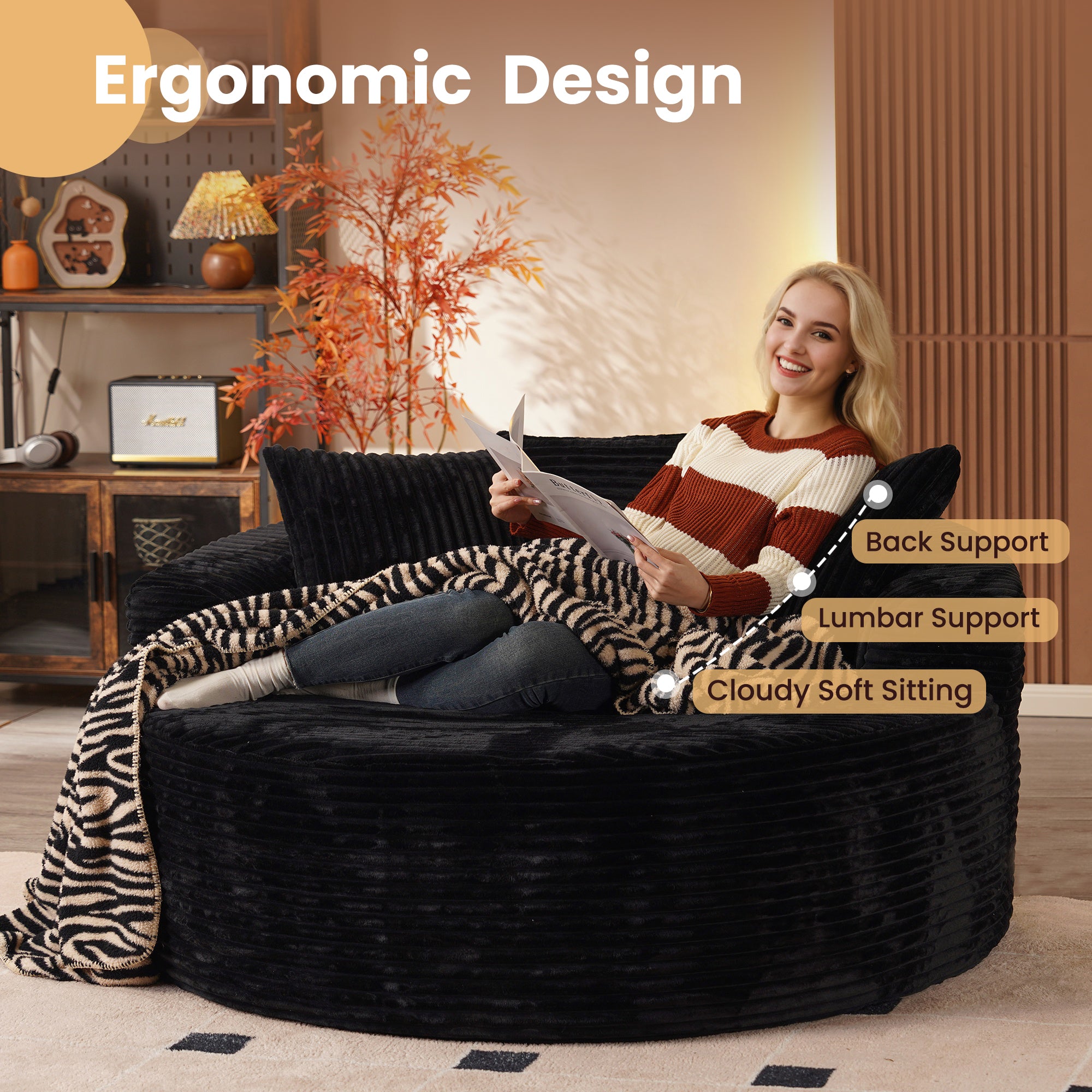 59" O-Shape Modular Couch, Plush Corduroy Fabric, No Assembly Required