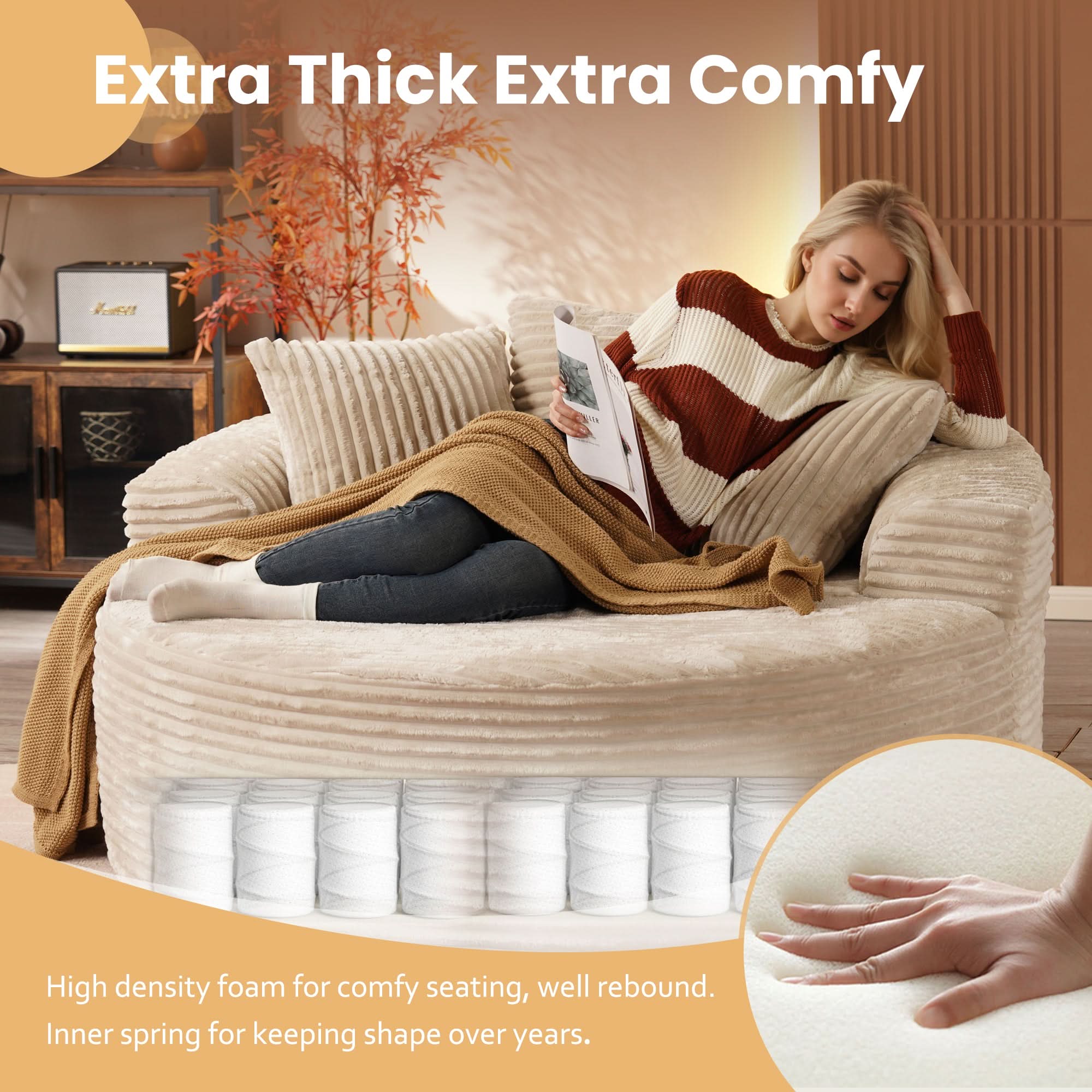 59" O-Shape Modular Couch, Plush Corduroy Fabric, No Assembly Required
