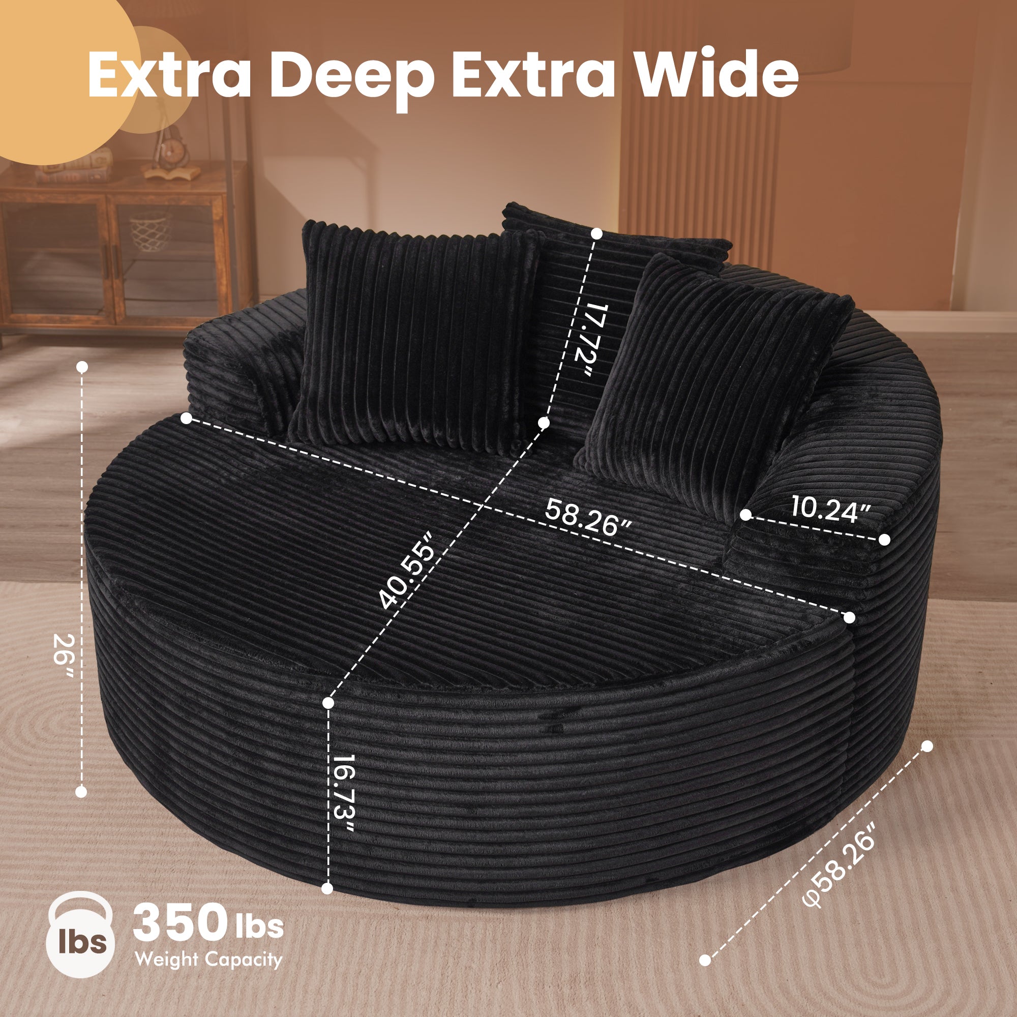 59" O-Shape Modular Couch, Plush Corduroy Fabric, No Assembly Required