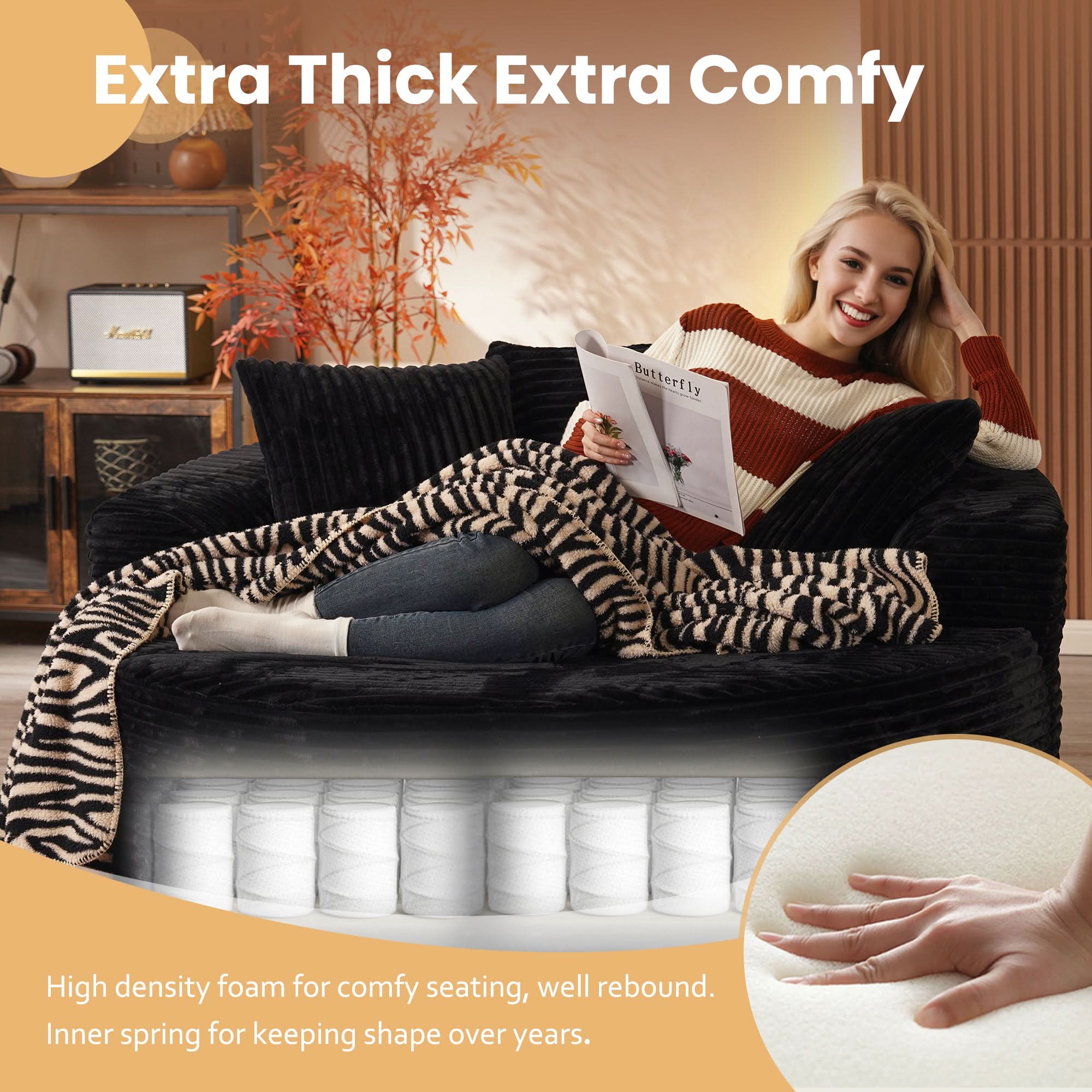 59" O-Shape Modular Couch, Plush Corduroy Fabric, No Assembly Required