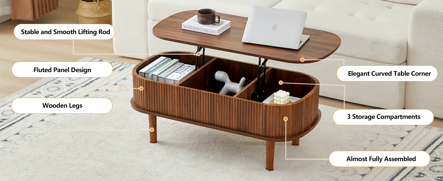 Three hidden storage compartments inside the coffee table