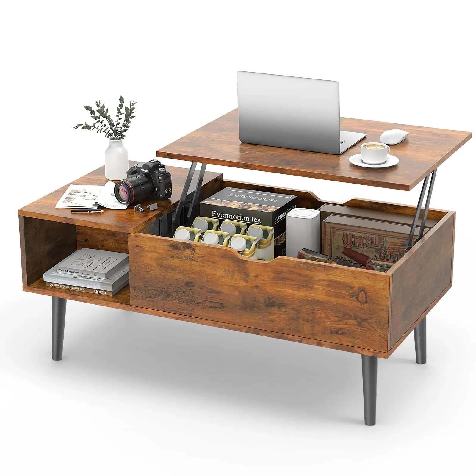 Wooden Fluted Lift Top Coffee Table with Hidden Storage - Modern Adjustable Height