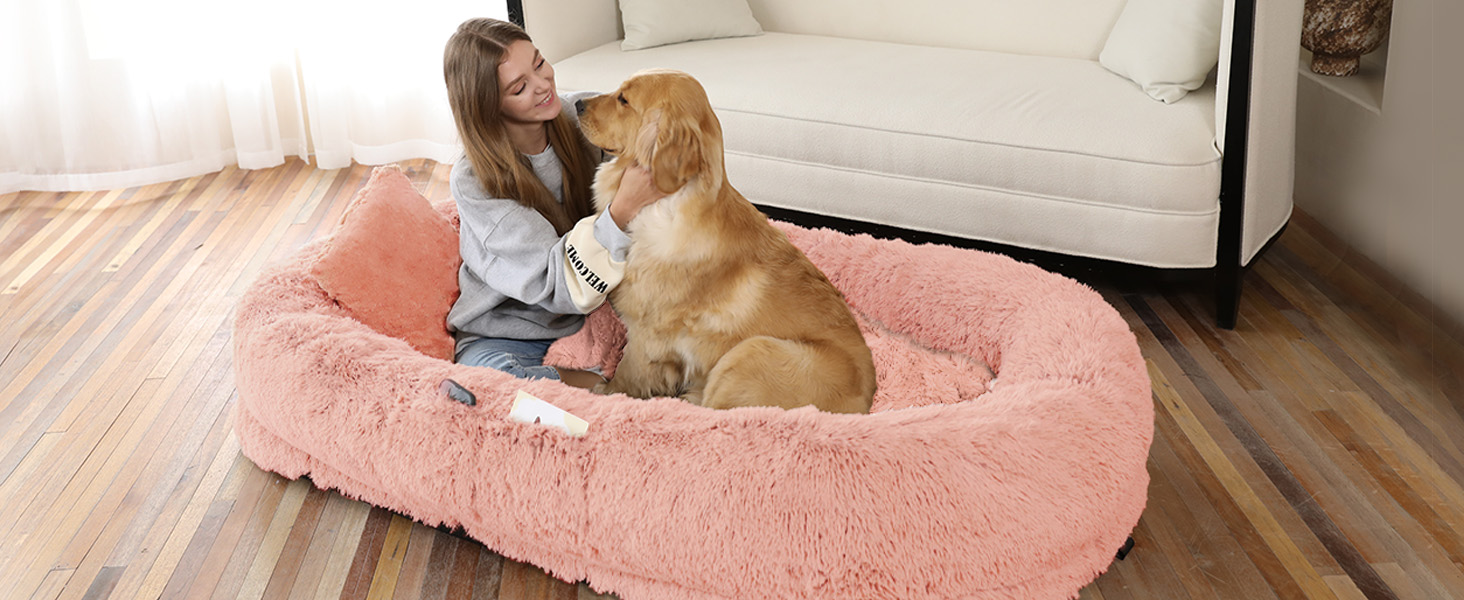 Pink human dog bed