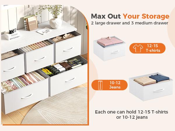 5-drawer storage dresser with fabric bins and black wood top for bedroom closet and entryway