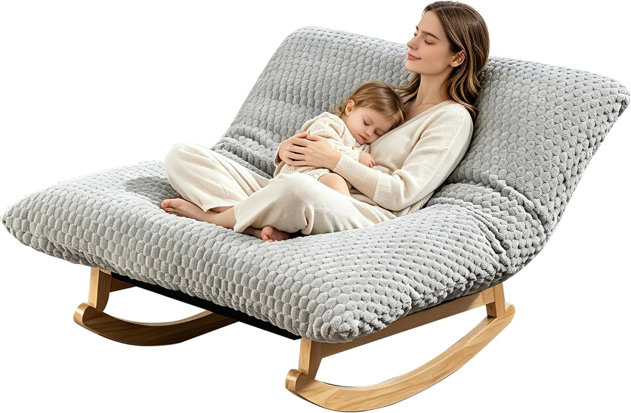 Bean Bag Rocking Chair for Adults with Solid Wood Frame and Backrest – Accent Chair with Corduroy Cushion, Oversized Single Seats Rocking Chair for Living Room, Bedroom – Comfortable Lounge Chair